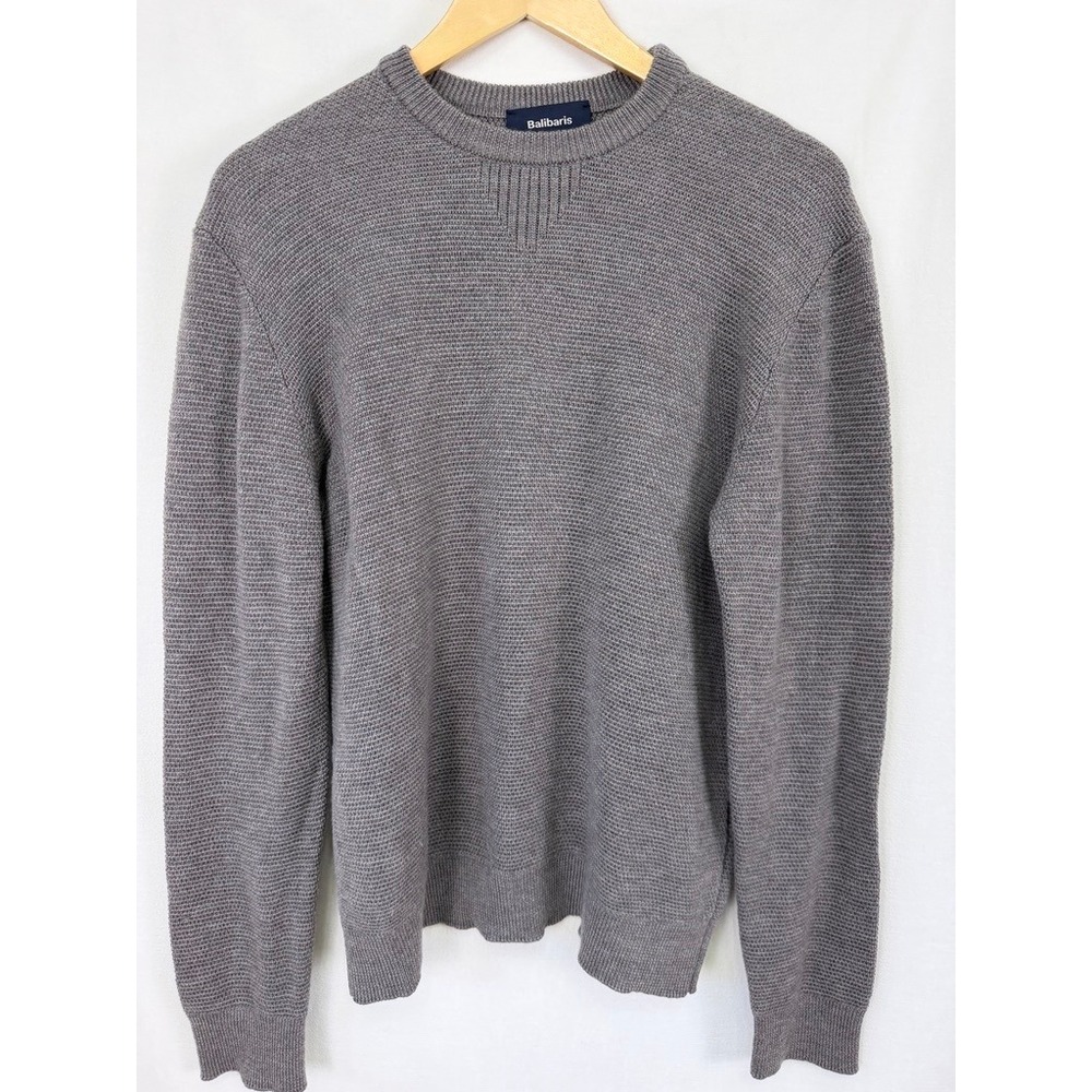 Balibaris Wilton Sweater Mens 100% Merino Wool Gray Crewneck Waffle Knit